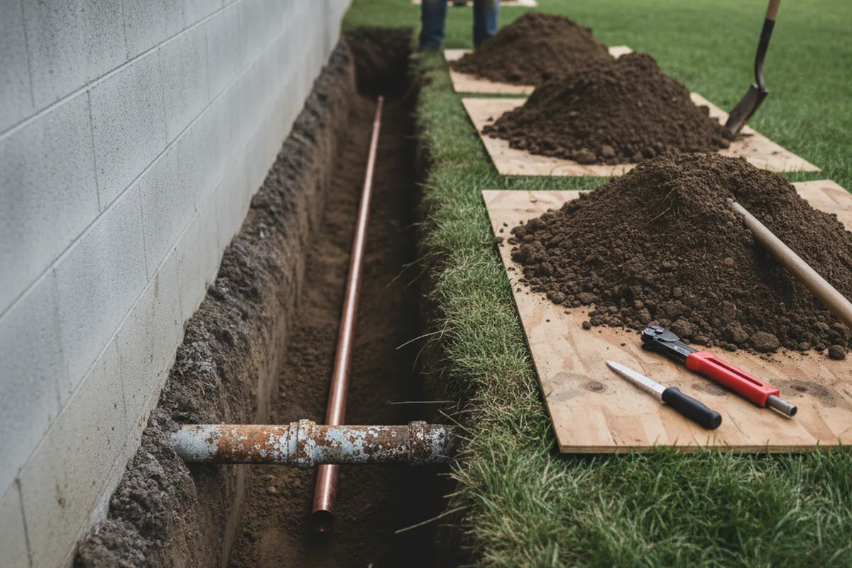 Excavated water line trench during Water Heater Repair in Americus